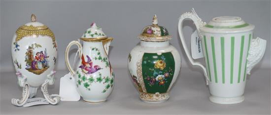 A Samson sparrow beak jug and cover, decorated with exotic birds and sundry Continental porcelain,